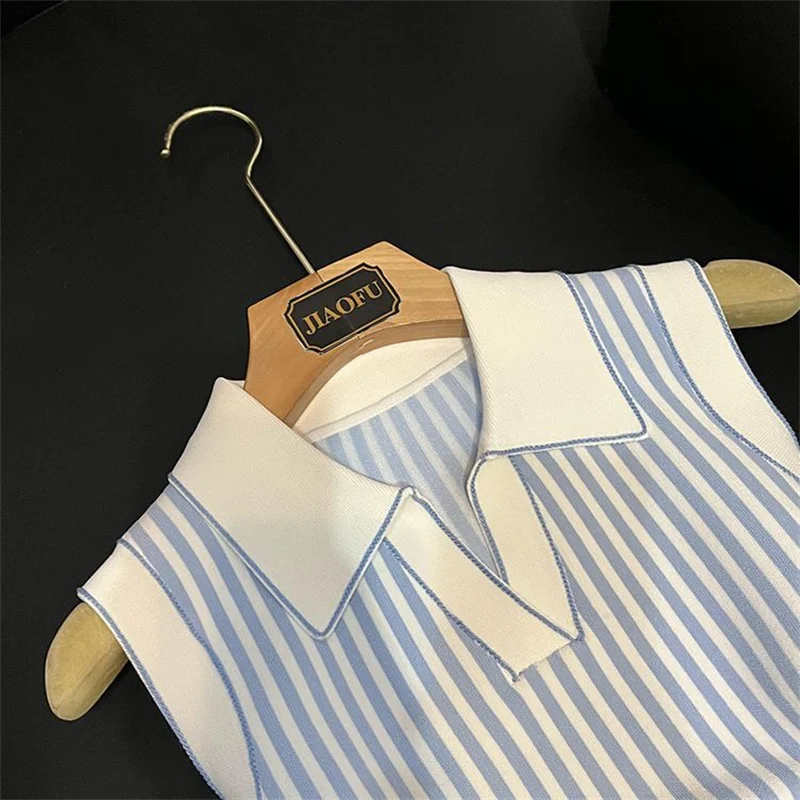 Elegant Women Turn Down Collar Elatic Waist Bodycon Sundress Fashion Stripes Long Vestidos 038A Summer Patchwork Tank Knit Dress