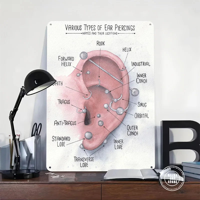 Watercolor Piercings Chart 3D Printed Texture Poster Personalized Wall Art Retro Metal Tin Signs for Bedroom Decorations Room