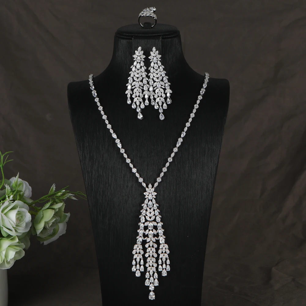 Luxury Flower Round Geometric Leaf Tassels Cubic Zircon Engagement Dubai Naija Bridal Rings Necklace Earring Jewelry Set S513