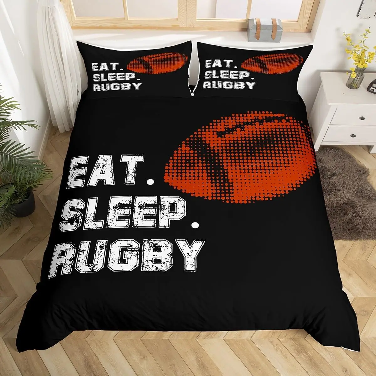 Eat Sleep Rugby Duvet Cover Set Single Size Sports Theme Bedding Set With 1 Pillowcase For Boys Teens Young Man