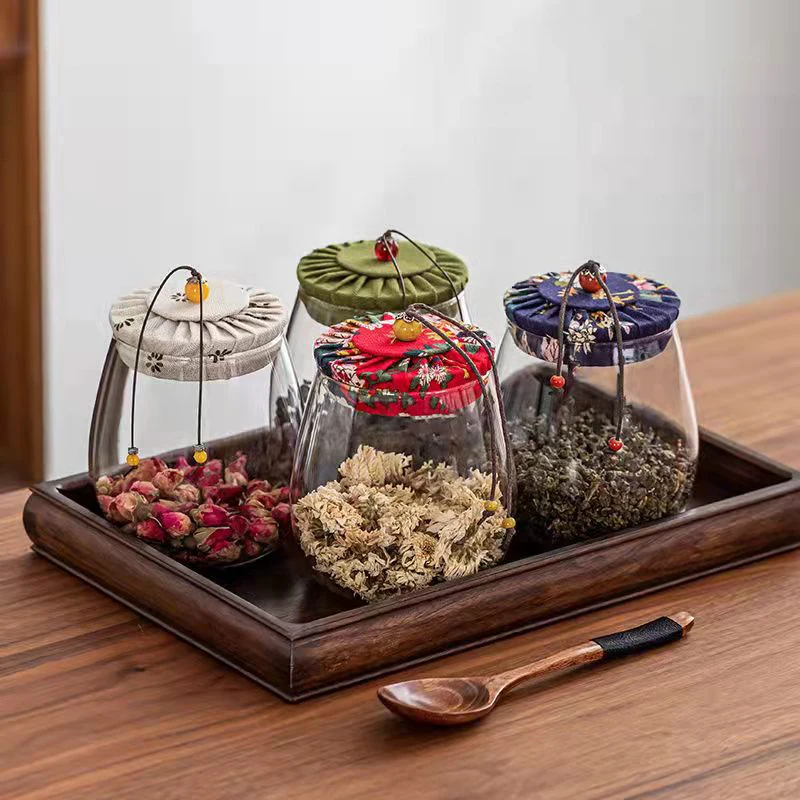 350ML Fabric Wood Cover Glass Tea Caddy High Quality Kitchen Storage Airtight Canister Coffee Rice Food Candy Jar Variety Styles