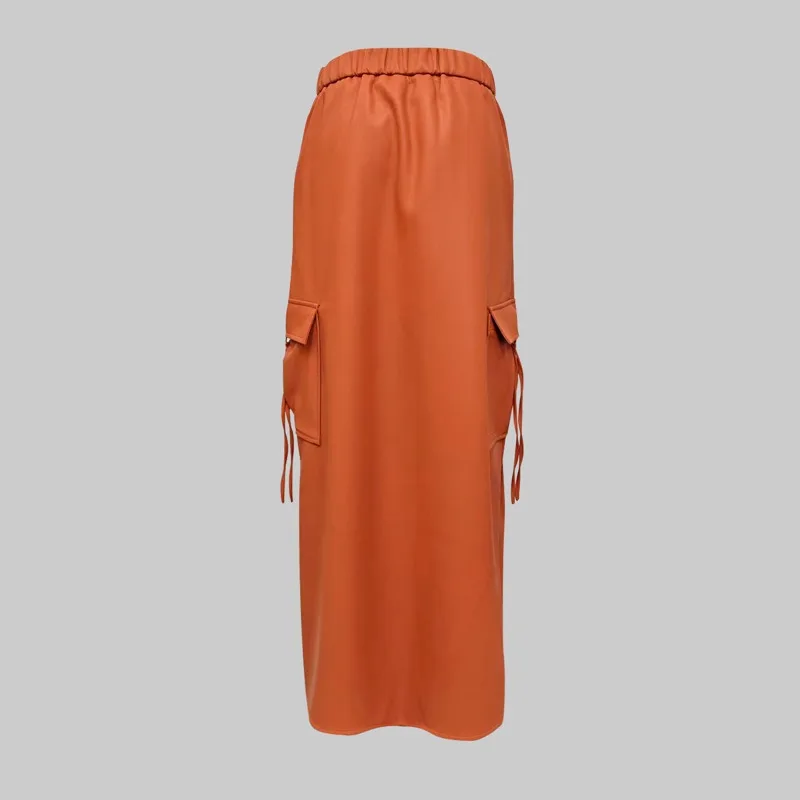 Beautyblue-faldas largas de PU color caramelo para mujer, faldas largas elegantes de cintura alta con bolsillos en forma de A, pantalones de cuero