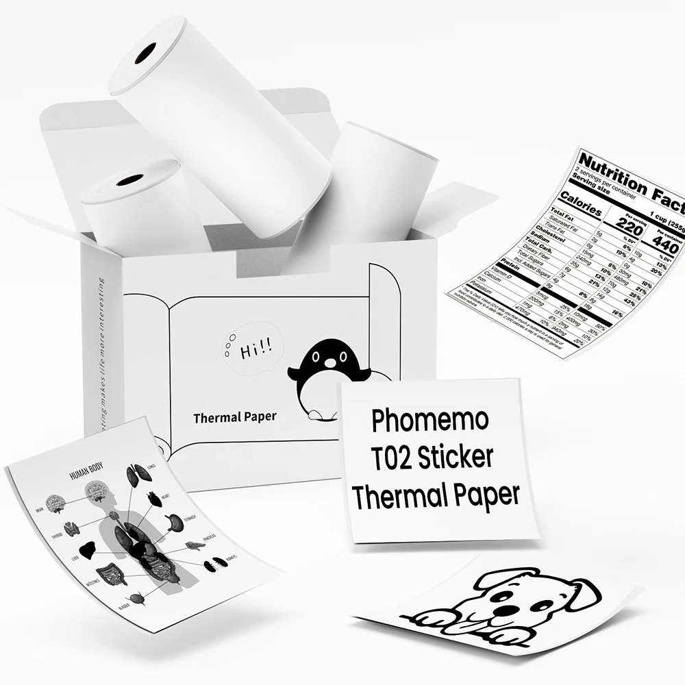 

Phomemo T02 Mini Printer Sticker Paper White Adhesive Thermal Paper Compatible with T02 M02X M02L Portable Printer 50mmx3.5m/Box