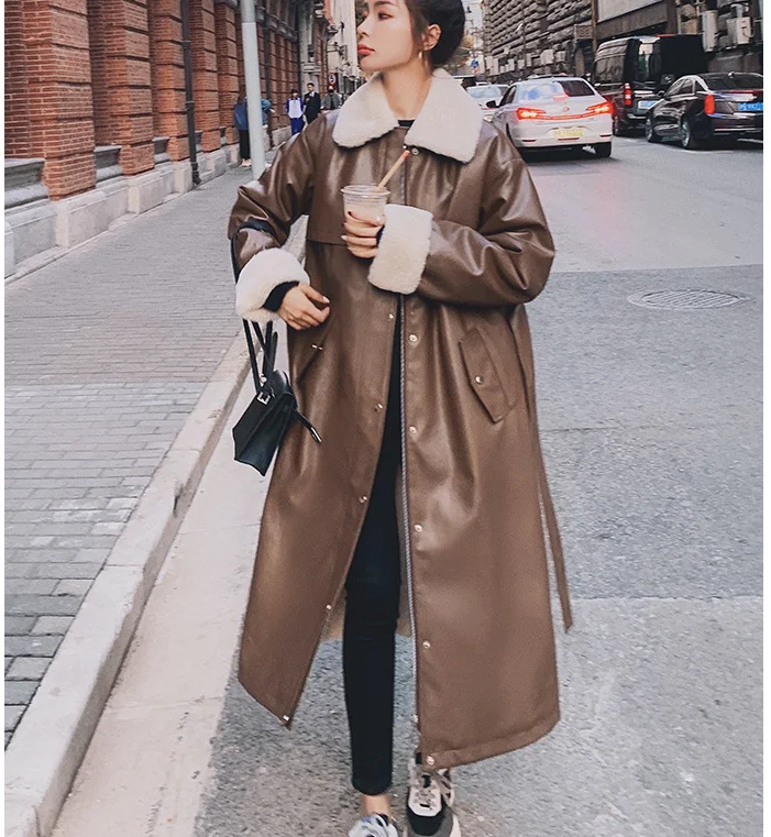 Women Winter High Quality Pu Leather Long Jacket Coats Rabbit Fur Inner Warm Coat Feminino Tops Women Parka Femme Coat