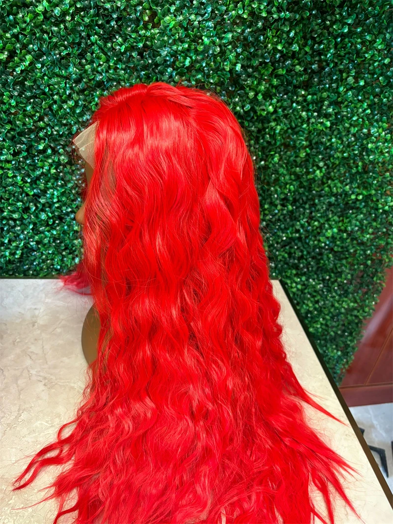 Wig merah panas sintetis renda depan Wig untuk wanita rambut gelombang tubuh alami tanpa lem garis rambut panjang sintetis Wig Cosplay harian