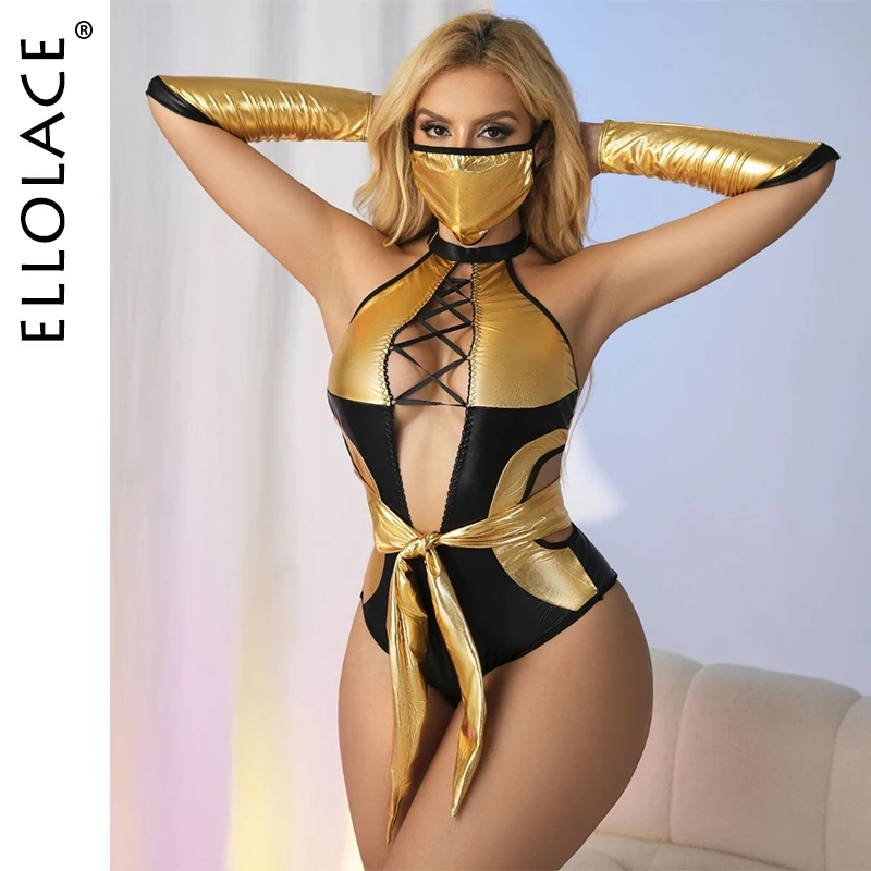 Ellolace سيسي مثير ارتداءها الأعجوبة البطلة دبور تأثيري قناع الذراع الأصفاد حزام مغر جوفاء عارية الذراعين الجسم الملابس النسائية
