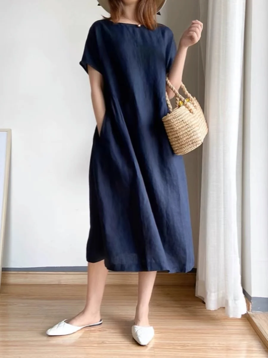 Loose Fit Linen Kimono Style Dress Women's Simple Artistic Summer Fashion plus Size Midi Skirt Casual Commute Soft Material