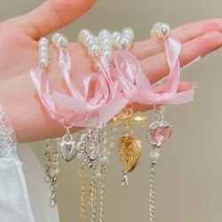 2024 New French Romantic Pink Bow Love Pendant Pearl Necklace Female Sweet and Pure Desire Neckchain Collar Chain Female