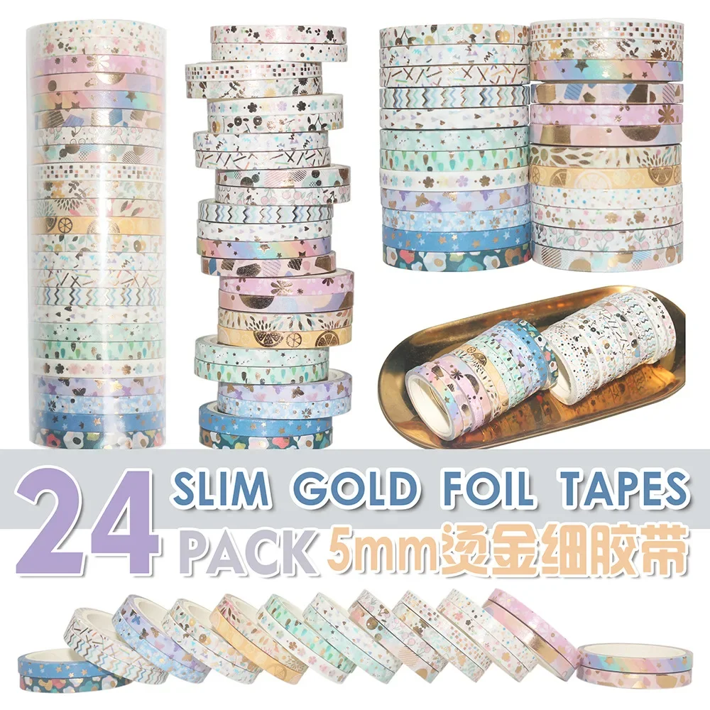 

24 Rolls Bronzing Gold Foil Washi Tape 5mm Basic DIY Scrapbook Decorative Tape Cat Pattern Hand Account Stationery Supplies