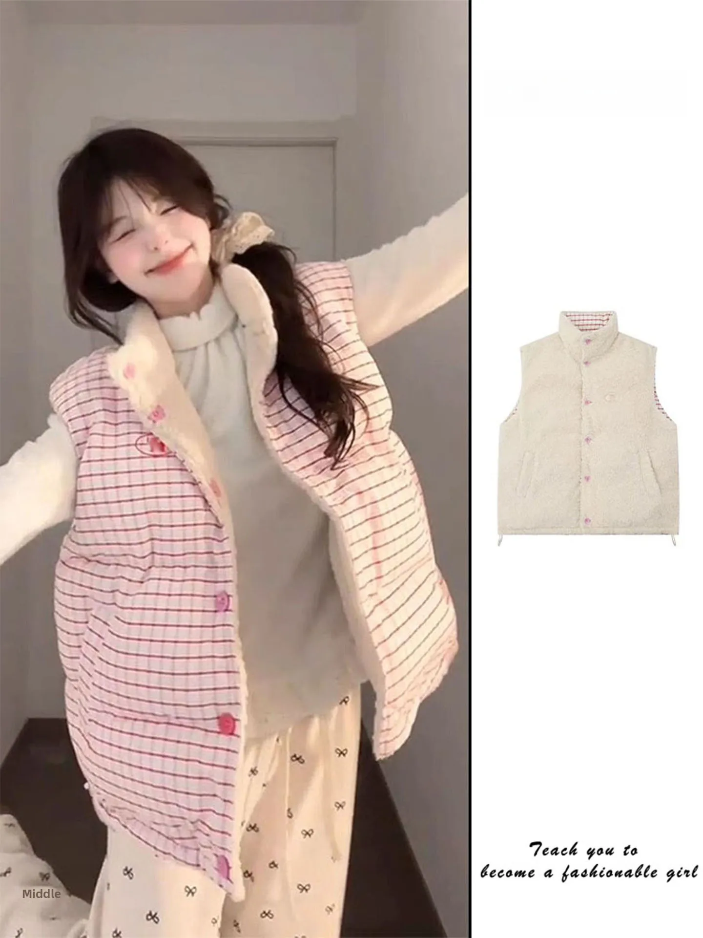 

Korean Style Double-Sided Wear Thickened Lamb Fur Warm Cotton Jacket Women's Winter Coat Stylish Grid Pattern Long Sleeve Vest