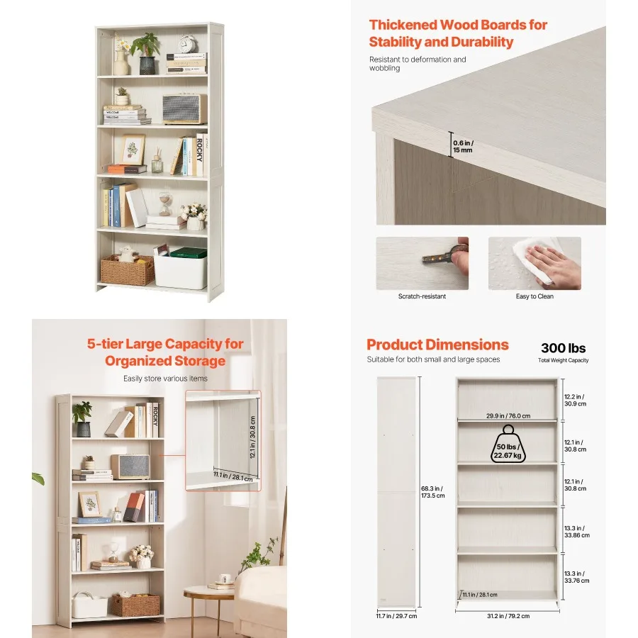 

5 Tiers Wide Bookshelf 68" Wooden Freestanding Open Bookcase Shelf White