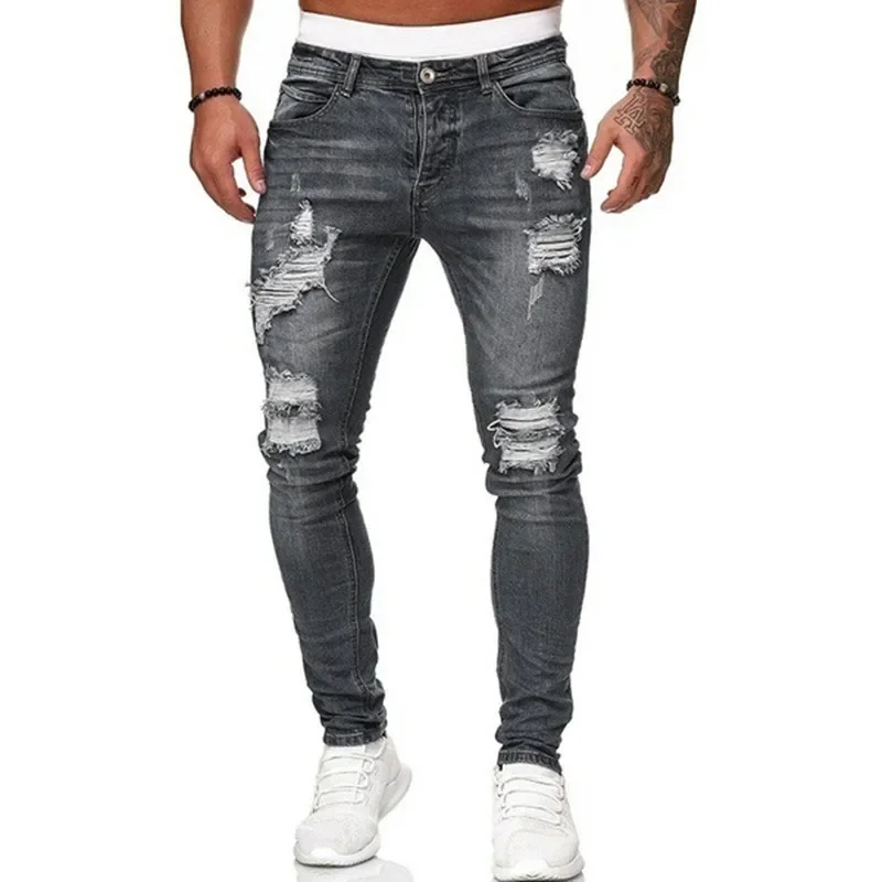 Man Pants Fashion Street Style Ripped Skinny Jeans Men Vintage Wash Solid Denim Trouser Mens Casual Slim Fit Pencil Denim Pants