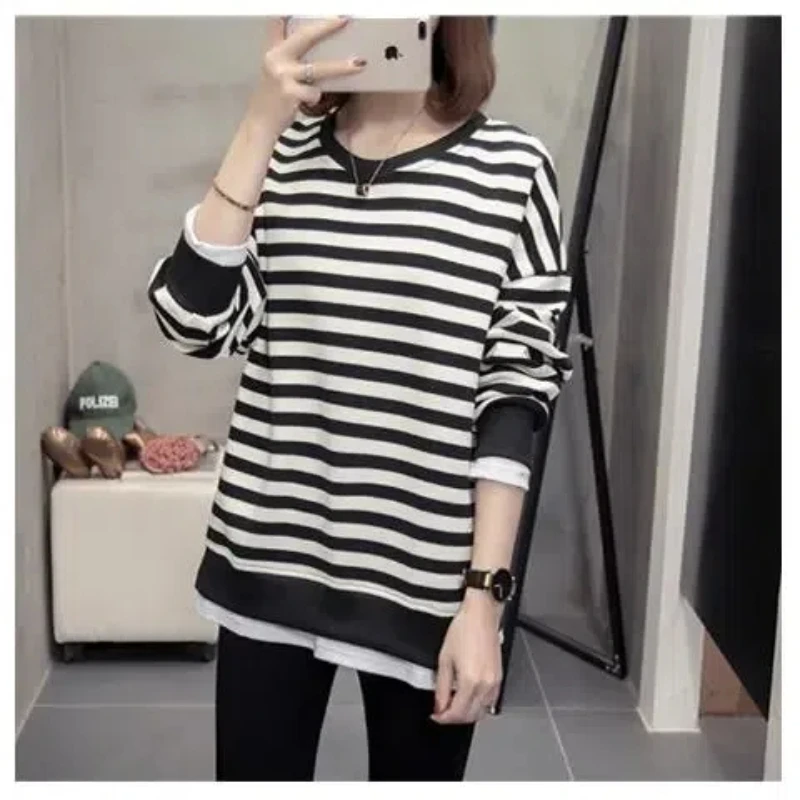 2024 Spring and Autumn Women\'s New Patchwork Pullover O-Neck Striped Fashion Loose Minimalist Casual Long Sleeve Sweatshirts