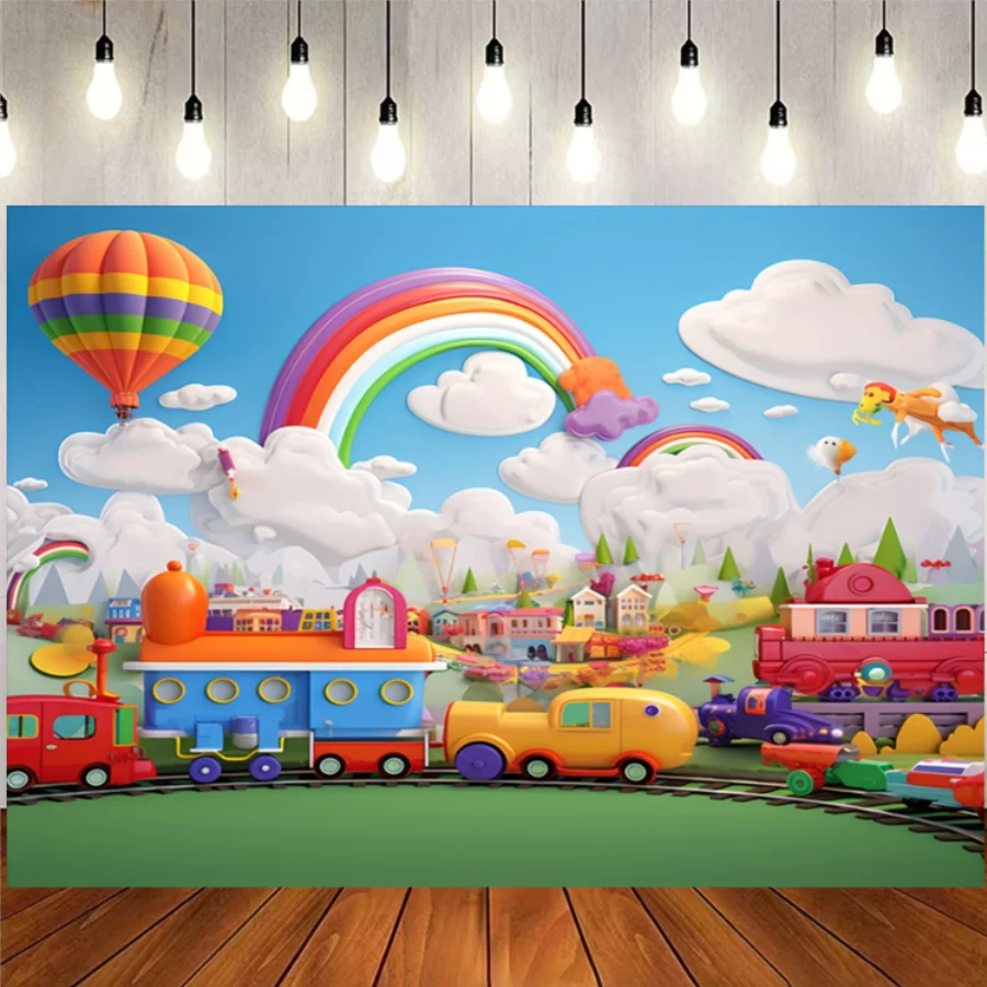 Cartoon Rainbow Hot Air Balloon Train party Background Banner Decoration Party supplies birthday party Background Photo Props