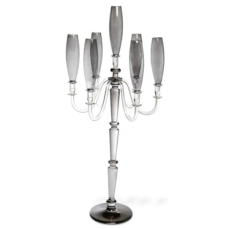150Cm tall grey glass cylinder wedding event 7 arm floor stand candlestick decoration