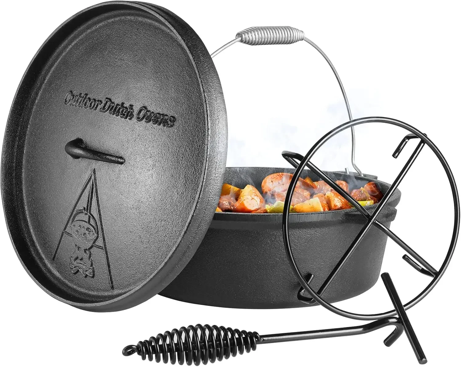 Dutch Oven Pot with Lid, 12 Quart Cast Iron Dutch Oven, without Feet, with Stand & Spiral-shaped Handle, Cast Iron Pot f