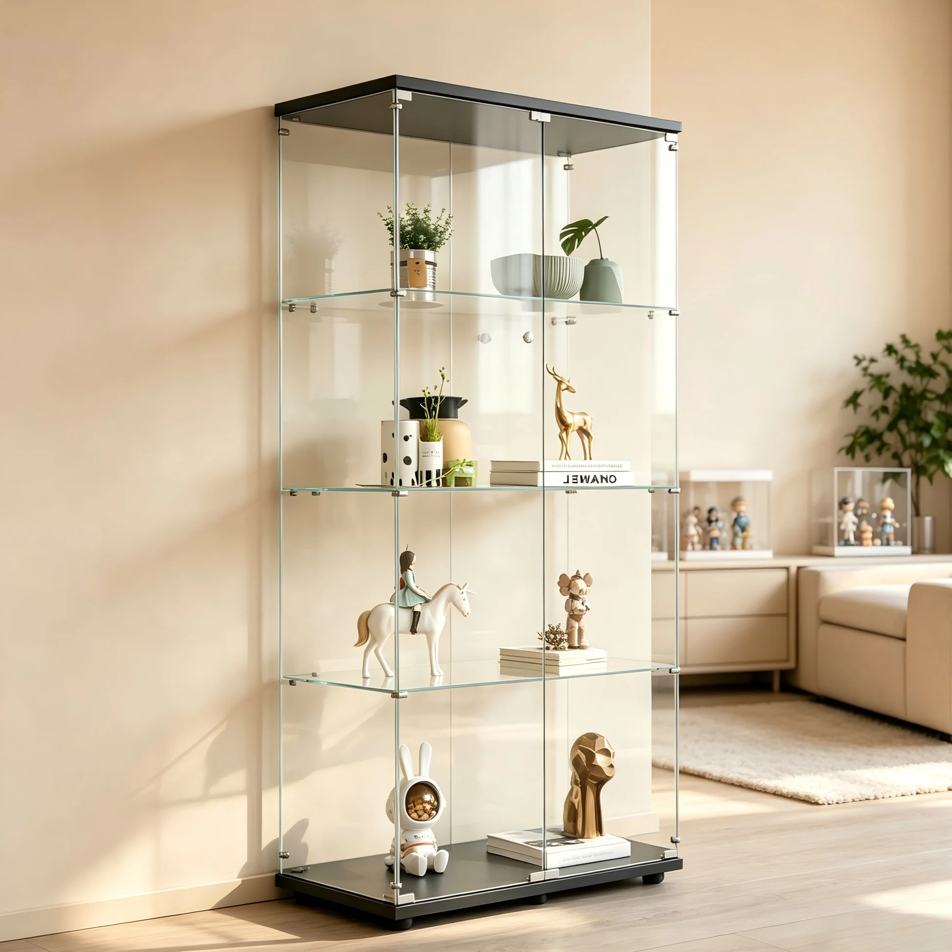 Vitrine verrouillable à 4 niveaux en verre trempé, vitrine à double porte pour objets de collection, trophées et décorations, étagère de rangement autoportante pour salon et bureau