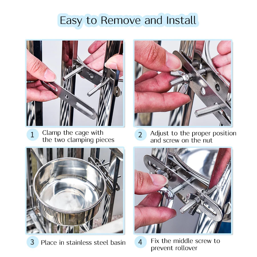 وحدة تغذية الطيور الببغاء أرنب الهامستر طبق طعام الحيوانات الأليفة كوب ماء مشبك من الفولاذ المقاوم للصدأ على قفص شرب الماء كوب وعاء معلق