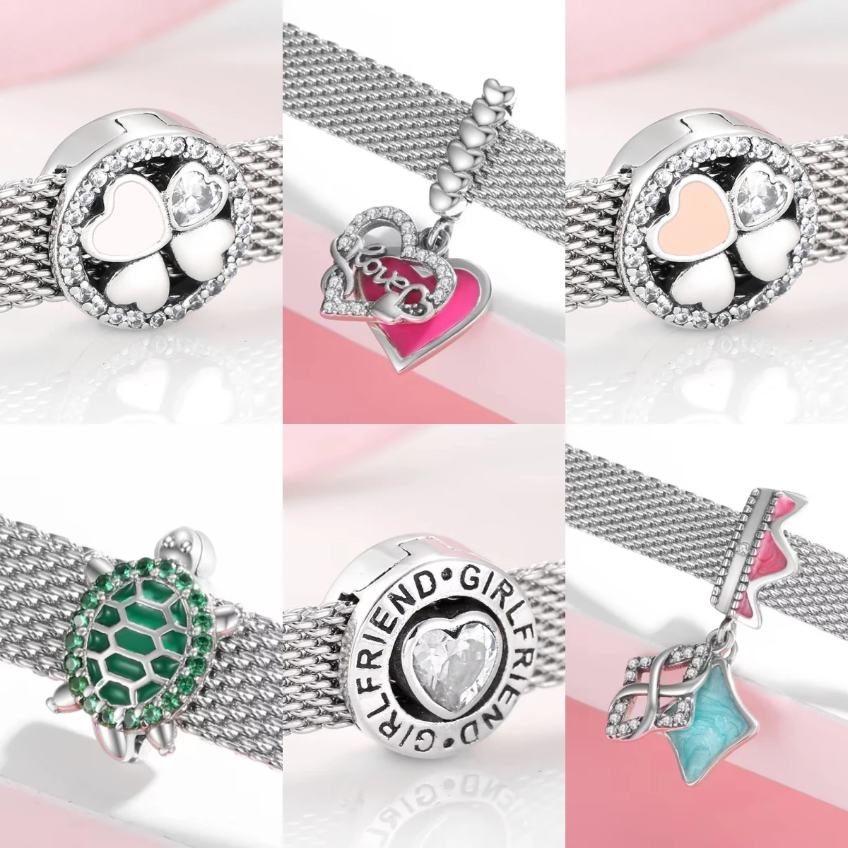 

925 Sterling Silver White Clover Heart Dog Cat Black Zircon Clips Beads Fit Original Reflections Charm Bracelet women Jewelry
