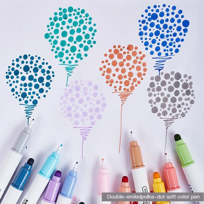 6Pcs/Set Light Color Dot Highlighter Pen Set Dual Tip  Fine Liner & Dots Spot Marker for Drawing Painting Office School Supplies