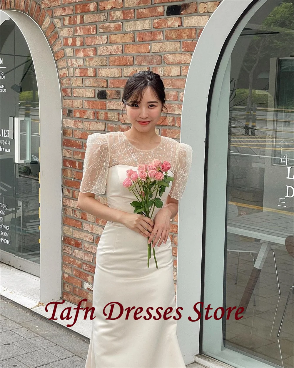 TAFN O-Neck Short Sleeves Wedding Shooting Dresses Mermaid Modest Bridal Gown Elegant Floor-Length Reception Dresses