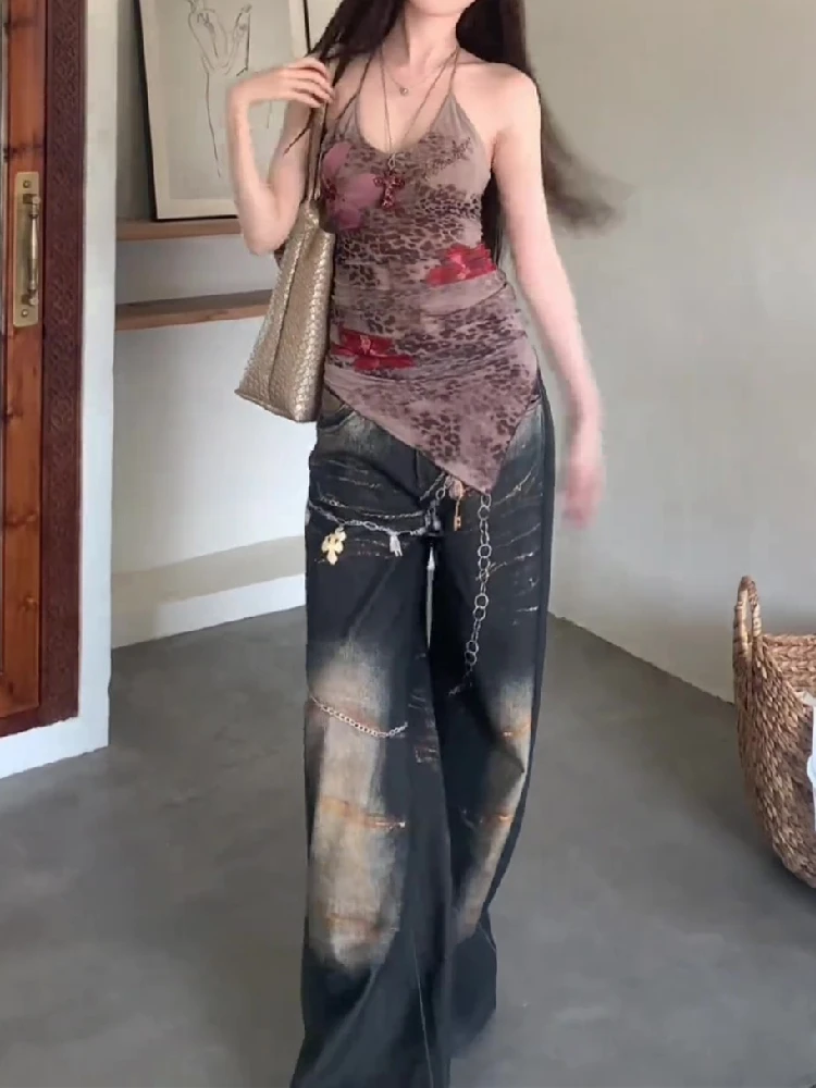 Lato Kobiety Japoński Y2k Halter Top 2000s Estetyczny wzór Leopard Print Camisole Harajuku Trendy Grunge Koreański Gyaru Coquette