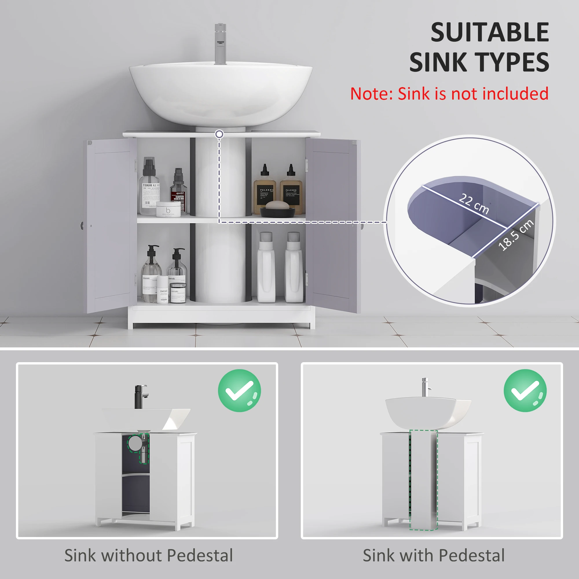kleankin 60x60cm Under-Sink Storage Cabinet w/ Adjustable Shelf Grey White