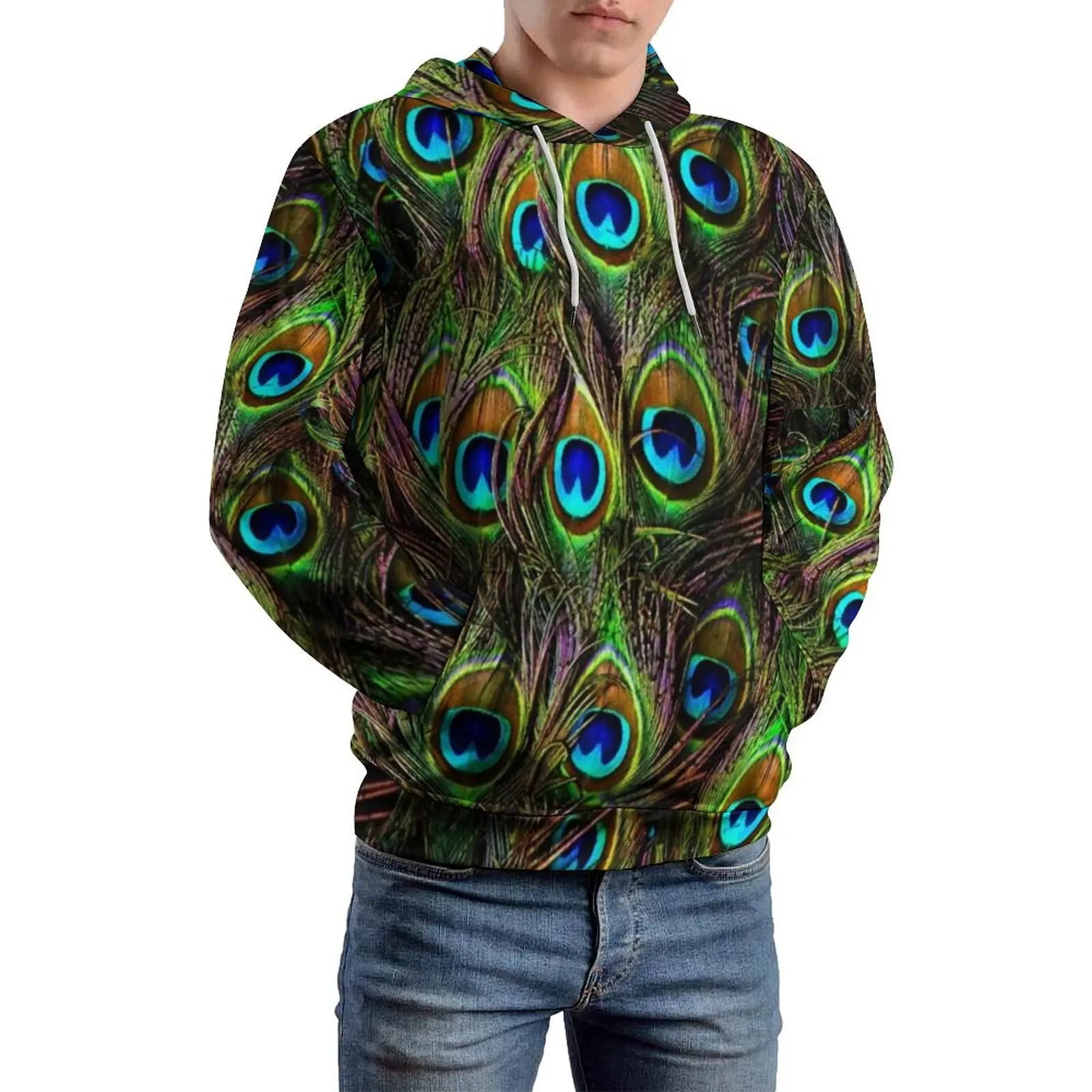 Peacock Feathers Casual Hoodies Long Sleeve Colorful Print Hip Hop Hoodie Autumn Streetwear Design Oversize Clothing