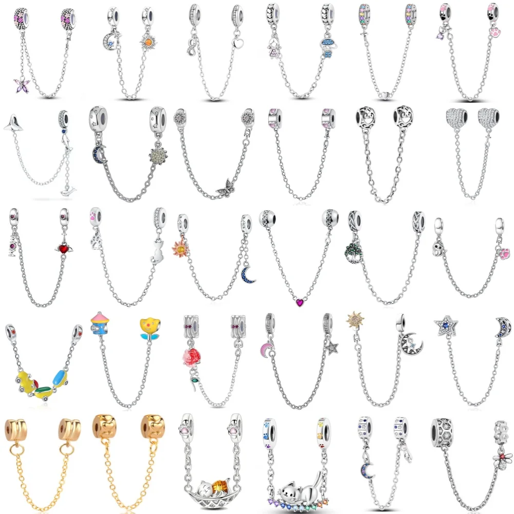 

European Hot Selling 925 Silver, Sun,Moon,Star,Flower,Butterfly,Cat,Safety Chain Original Bracelet DIY exquisite Jewelry