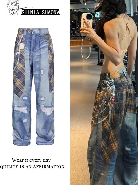 

Американские джинсы с уникальным дизайном в клетку, с 3D-печатью, свободного кроя, женские, повседневные, прямые брюки из хлопкового денима