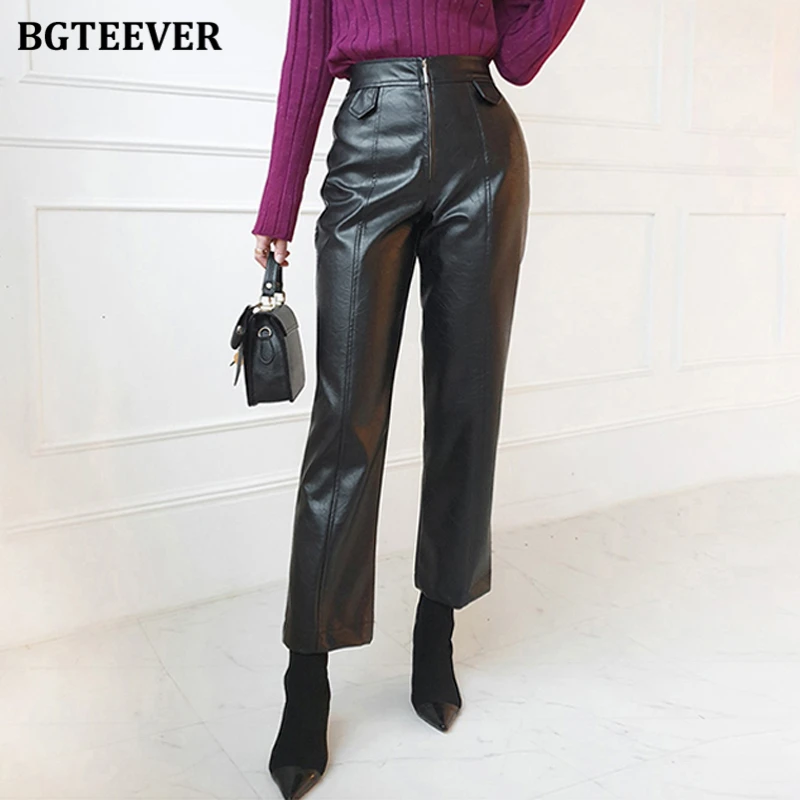 BGTEEVER Stylish High Waist Zipper Women PU Leather Pants Autumn Winter Loose Straight Female Pu Pants