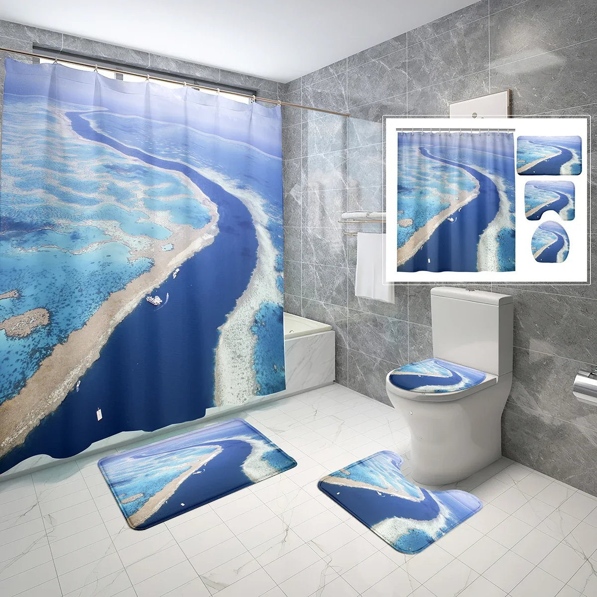 4 PCS/Set Great Barrier Reef Shower Curtain Sets,Natural Wonder Waterproof Bathroom Curtain,Toilet Lid Cover,Non-slip Bath Rugs