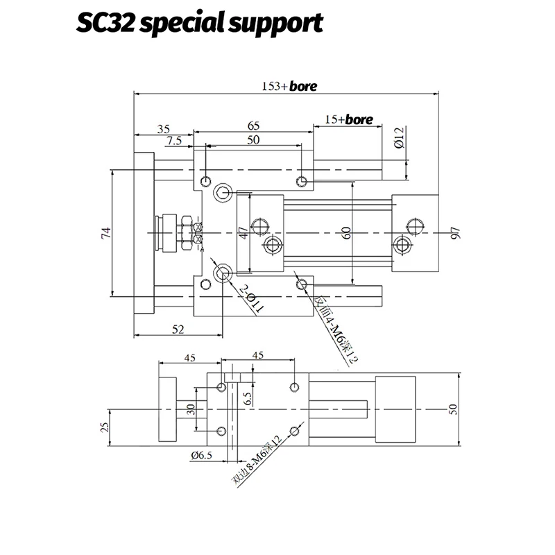 SC Standardzylinder Drei-Achsen-Drei-Führungs-Zylinder Führungsrahmen Pneumatischer Führungsständer SC32 40 50 63-50 75 100 200 300 400 500 – Detail 4