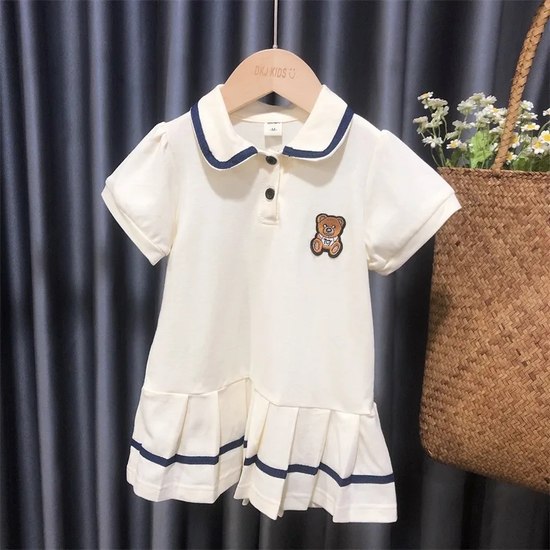 Summer Kids Clothes for Girls Dress Preppy Style Cartoon Bear Pleated Dress Baby Girls Cute Polo Dress Princess Dresses