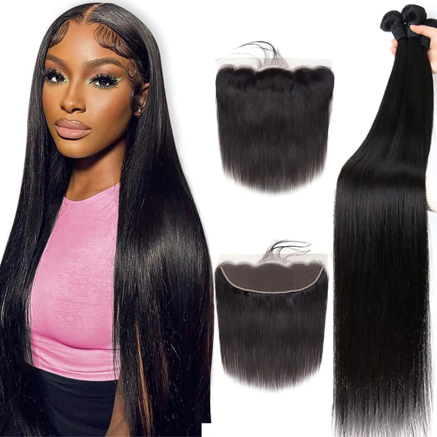 Ulrica Bone Straight Human Hair Bundles With 13x4 HD Lace Frontal Brazilian Extensions Weave 3 Bundles With Closure For Women