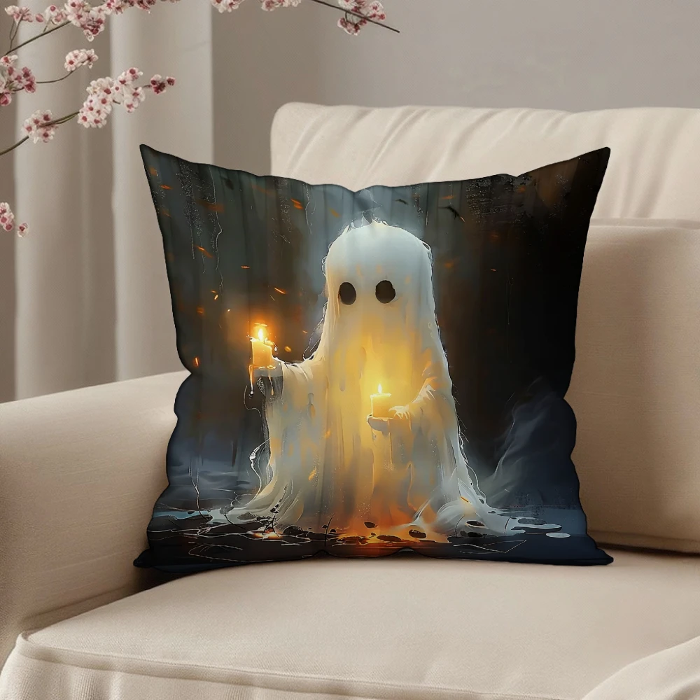 Square Throw Pillow Case White Ghost Holding Candle Halloween Decorative Cushion Cover For Living Room Sofa Bedroom Home Decorat