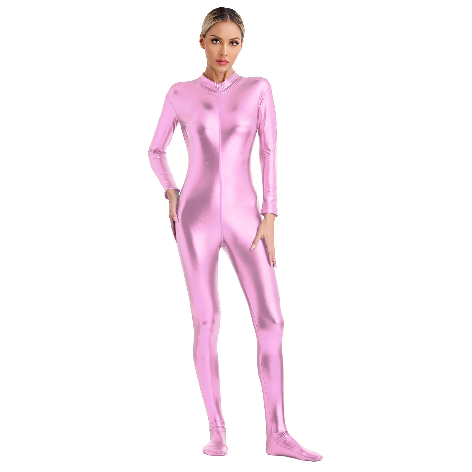 Macacão Zentai Metálico Brilhante, Gola Mock, Manga Longa, Zíper, Unitard de Corpo Inteiro, Meias para Performance, Trajes de Clubwear