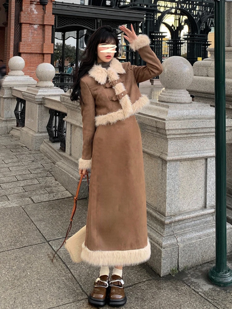 

Faux Fur Vintage Blazers Coat Suits Women Casual Korean 2 Piece Skirt Set Office Lady Kawaii Jacket + Elegant Skirts 2023 Winter