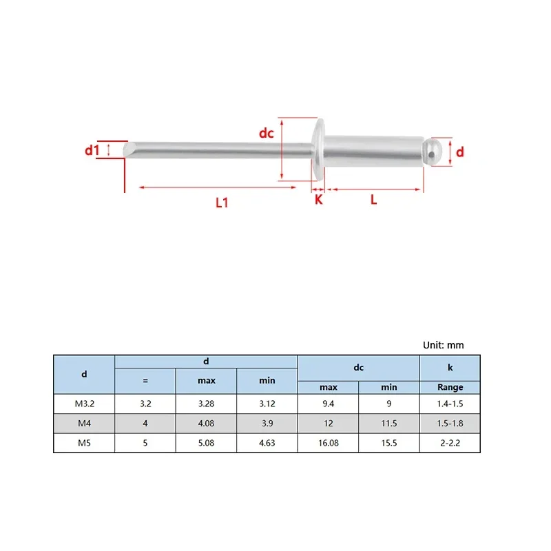 20Pcs Silvery Pop Rivets Extra Large Flange Dome Head Aluminium Body 3.2mm 4.0mm 5mm