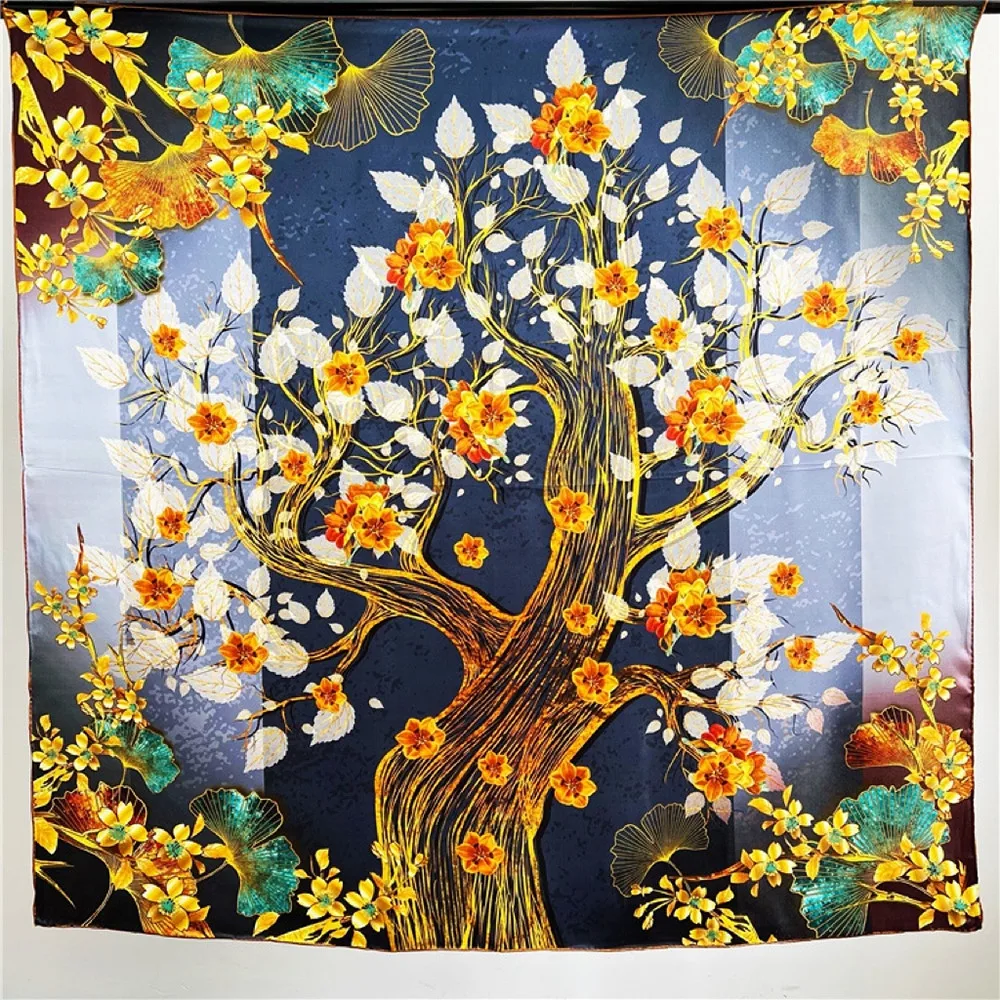 

Life Tree Mulberry Silk Scarf Women Square Bandanas Tops Accessories Hand Rolled Shawls Satin Foulard Hair Decoration 110CM