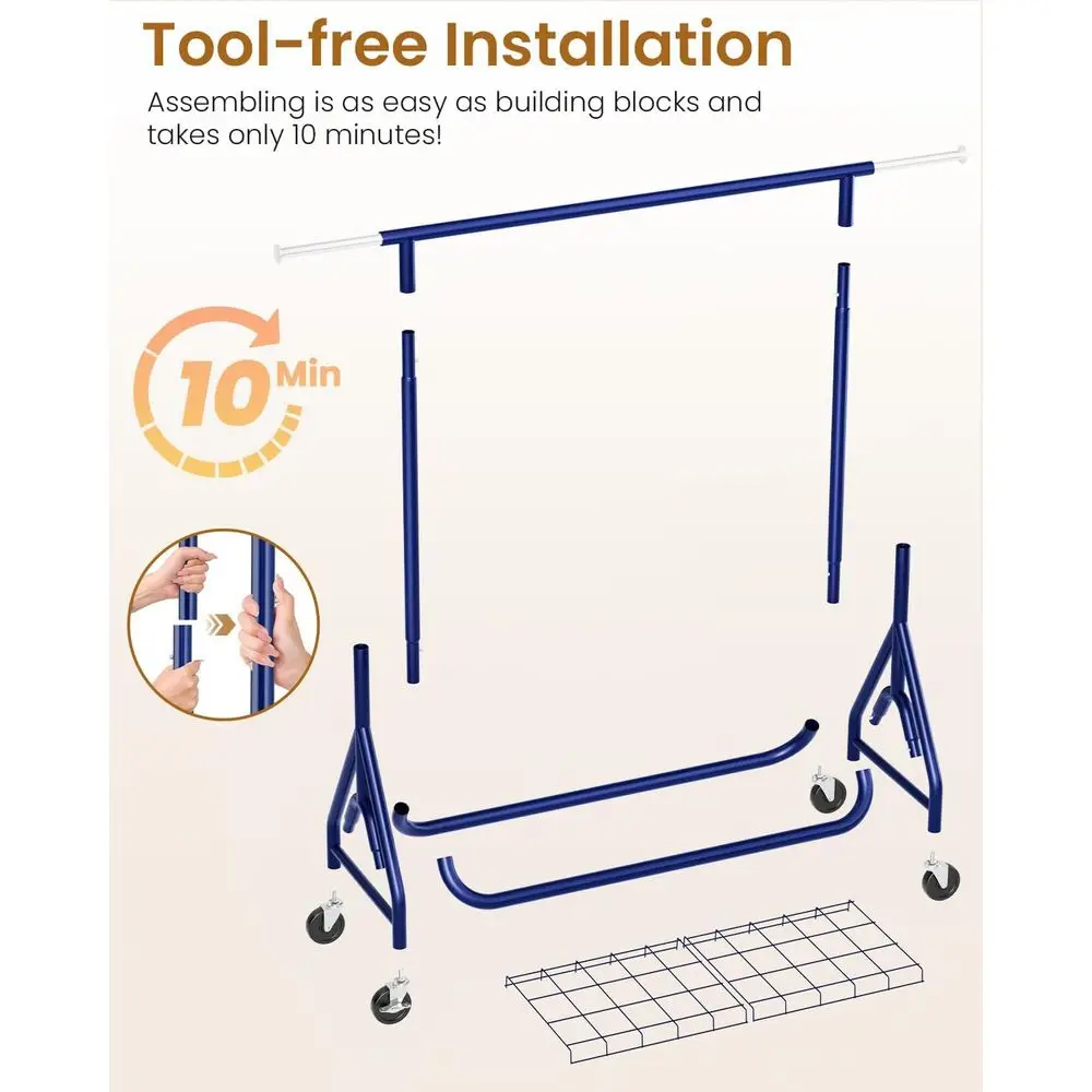 Sturdy Metal Rolling Clothes Rack, 450 lbs Capacity, Lockable Wheels, Navy Blue for Bedroom Wardrobe
