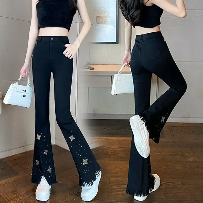 

Star Hot Diamond Bead Imitation Denim Black Leggings Women Spring Summer New High-waisted Slim Tassel Micro-flare Trousers