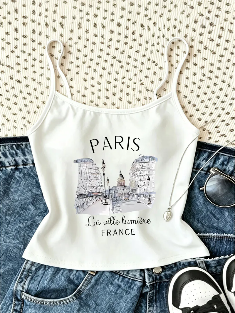 Retro Clothing Gothic Aesthetic Vintage Paris Print Casual Crop Top Vest Y2k Camisole Top 90s Tank Top Women Spring Summer