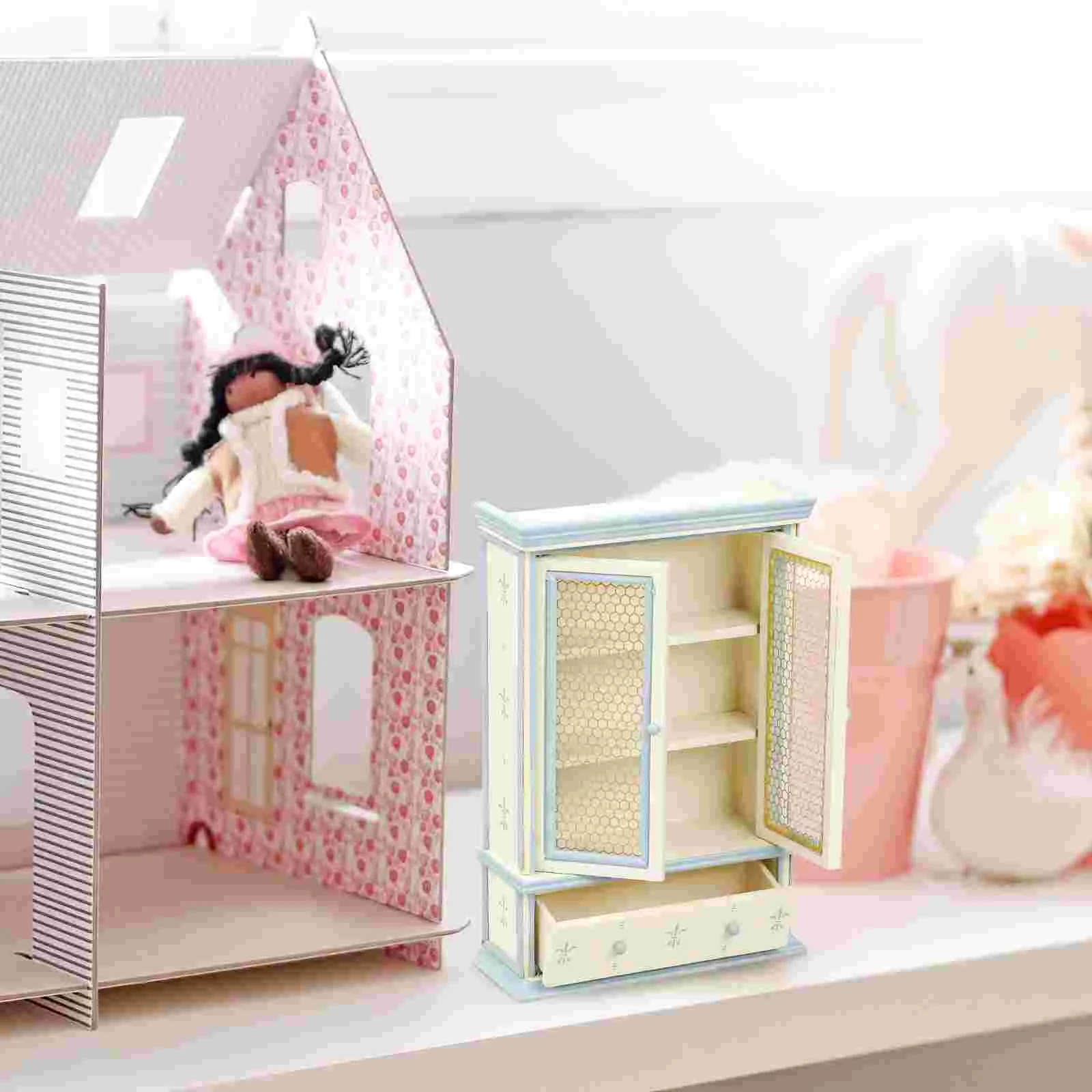 Toddlers Toys Dollhouse Bookshelf Cabinet Model Decorations Miniature Portable Beige Decors Furniture Accessories