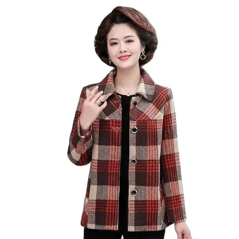 

Middle-Aged Elderly Women's Woolen Outerwear 2023 NEW Spring Autumn Coats Tops Short Single Breasted Woolen Plaid Jacket Female