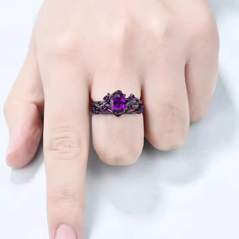New Elegant Women's Retro Style Purple Gemstone Ring Gun Black Rose Branch Cross Two-piece Set Classic Wedding Fashion Jewelry