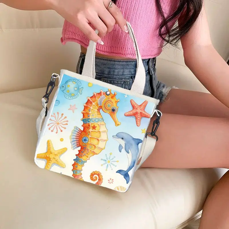 Watercolor Seahorse Ocean Creature Print Shoulder Bag for Women Adjustable Strap Lightweight Tote