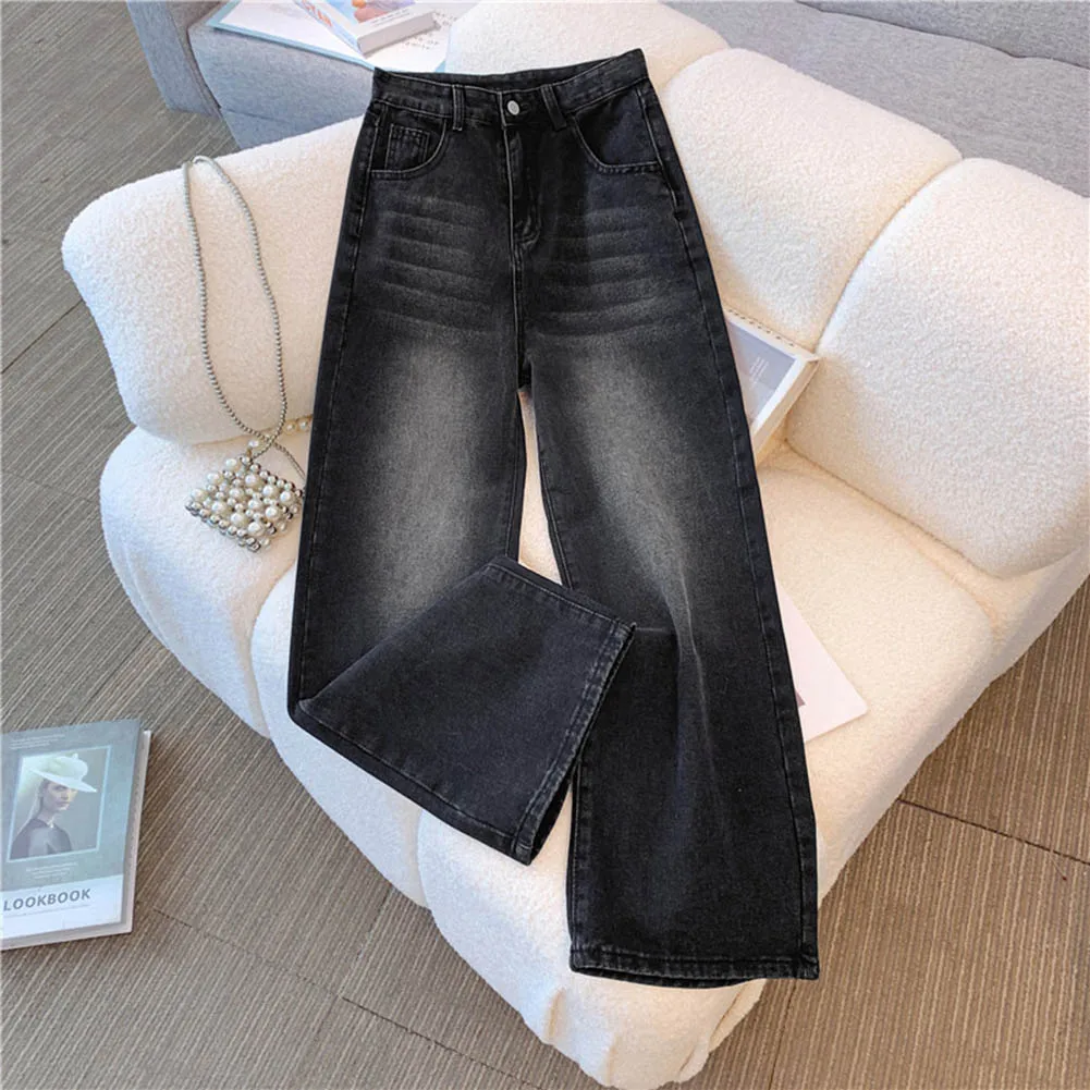 High Waist Casual Trousers for Women Black Grey Faded Straight Leg Jeans Vintage Style Suitable for Every Season