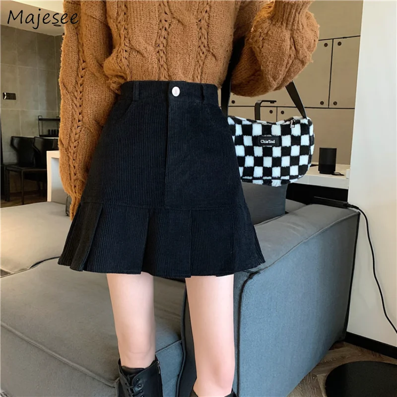 

Pleated Mini Corduroy Skirts Women All-match New Arrival Autumn Fashion Korean Ins Young Girls Simple Preppy Stylish Sweet Solid