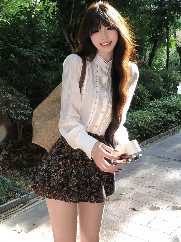 Korean Style Rich Girl Gentle Autumn Winter Floral Print Blouse And Half Skirt Set Long Sleeve High Waist Cotton Shirt